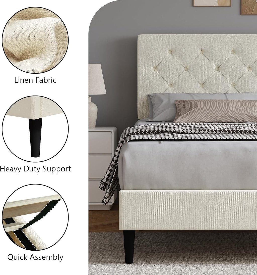 HOMBCK Queen Bed Frame, Linen Fabric Upholstered Platform Bed Frame, Button Tufted Bed Frame Queen Size, Wooden Slat Support, No Box Spring Needed, Easy Assembly, Cream