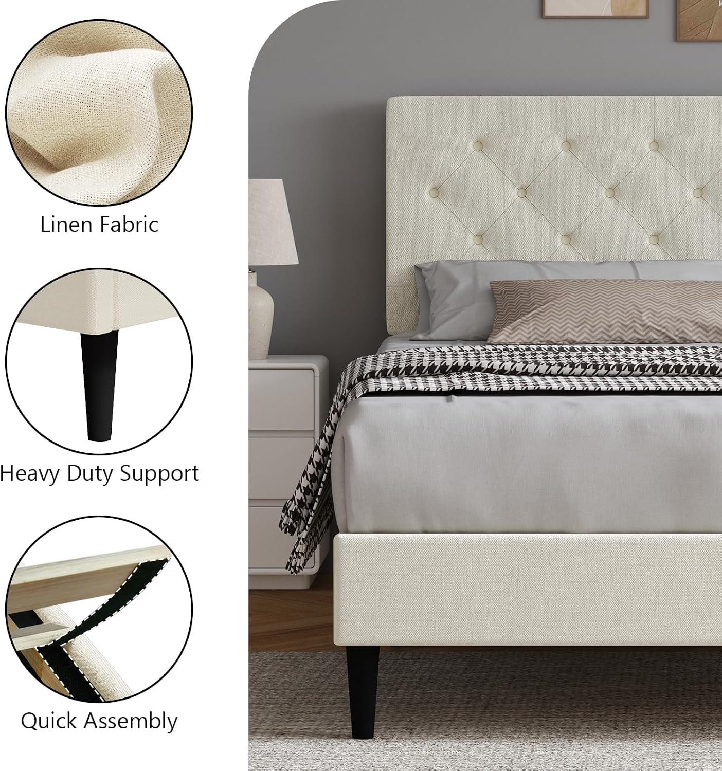 HOMBCK Queen Bed Frame, Linen Fabric Upholstered Platform Bed Frame, Button Tufted Bed Frame Queen Size, Wooden Slat Support, No Box Spring Needed, Easy Assembly, Cream