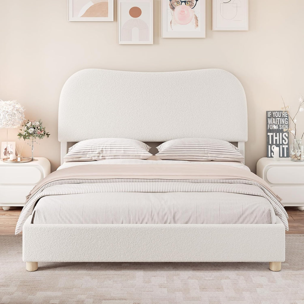 AMERLIFE Queen Size Upholstered Boucle Bed Frame, Soft Cloud Platform Bed with Adjustable Headboard, Modern Design, Rounded Corners, Rubberwood Legs, No Box Spring Needed, Easy Assembly, Cream