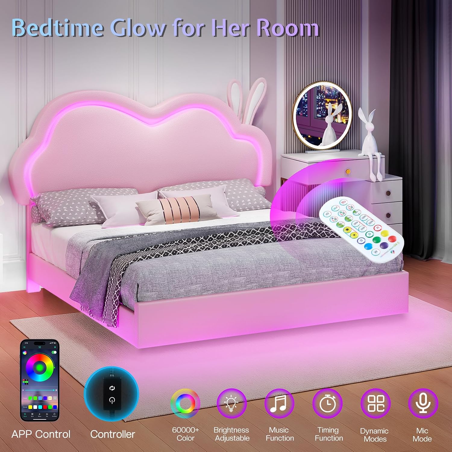 Jocisland Queen Size Floating Bed Frame, Faux Leather Upholstered Platform Bed with LED Lights, Adjustable Cloud Headboard, No Box Spring Needed, Pink | Bunny Ears Design