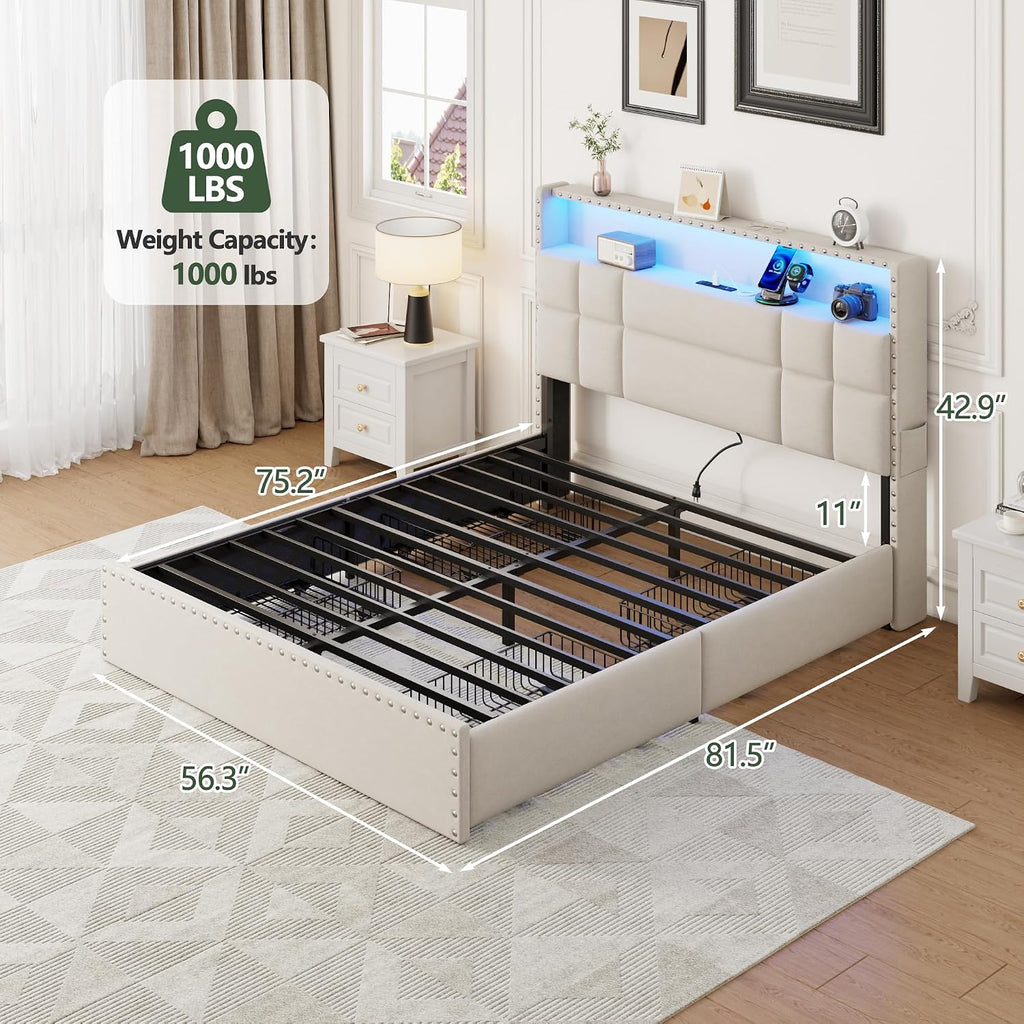 OURPIC Full Size Bed Frame with 4 Storage Drawers & Headboard, Upholstered Platform Bed Frame Full Size with Charging Station & LED Lights, No Box Spring Needed, Metal Slats Support, Noise Free, Beige