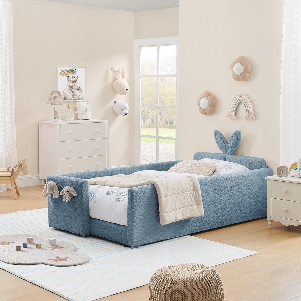 VilroCaz Twin Size Upholstered Platform Bed with Safety Guardrail and Cute Rabbit Ear Shaped Headboard, Boucle Fabric Montessori Kids Bed with Pocket and Sturdy Slats Support (Baby Blue-7.24)