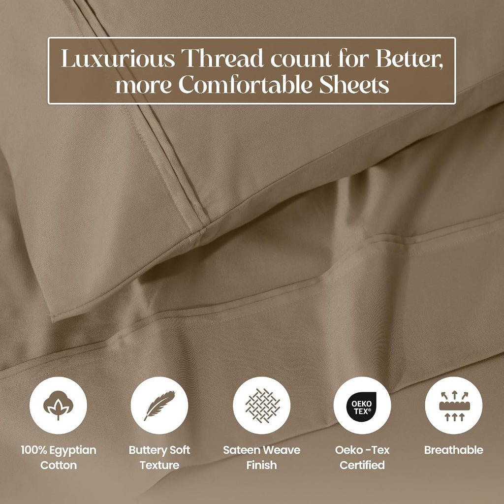 Superior 1200 Thread Count Egyptian Cotton Sheet Set, Bedroom Sheets, Home Essentials, Luxury Bedding, 1 Elastic Deep Pocket Fitted Bed Sheet, 1 Flat Sheet, 2 Pillowcases, California King, Taupe