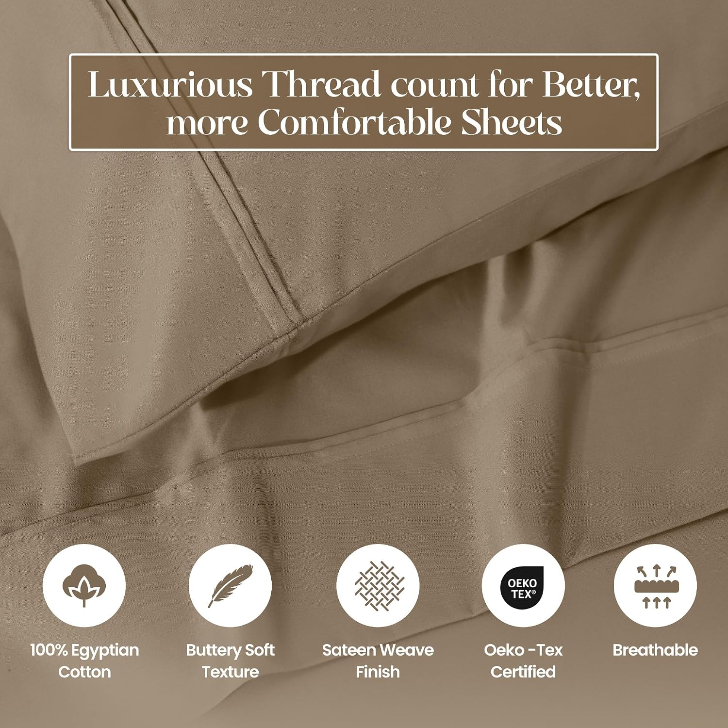 Superior 1200 Thread Count Egyptian Cotton Sheet Set, Bedroom Sheets, Home Essentials, Luxury Bedding, 1 Elastic Deep Pocket Fitted Bed Sheet, 1 Flat Sheet, 2 Pillowcases, California King, Taupe