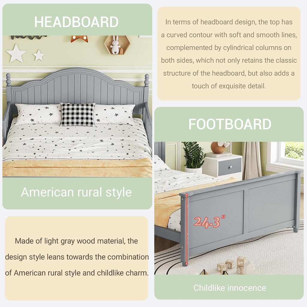 Full Size Kids Bed with Full-Length Guardrail,Low Profile Bed Frame with Headboard and Footboard,Wooden Platform Bed with 6.7-inch Under Bed Storage,Slats Support,Roman Column Design,Gray