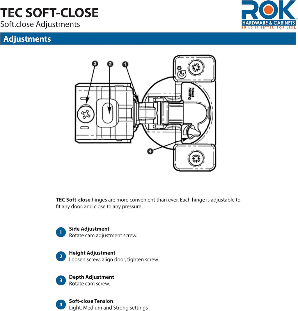 Rok Hardware 75 Pack Grass TEC 864 108 Degree 1/4' Overlay 3 Level Soft Close Screw On Compact Cabinet Hinge 04429A-15 3-Way Adjustment 45mm Screw Hole Pattern