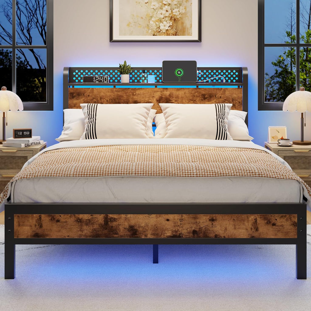 Furnulem Queen Bed Frame with Headboard Storage, Bed Frame Queen Size with Charging Station and LED Lights No Box Spring Needed,Heavy Duty Steel Slats,Noise Free