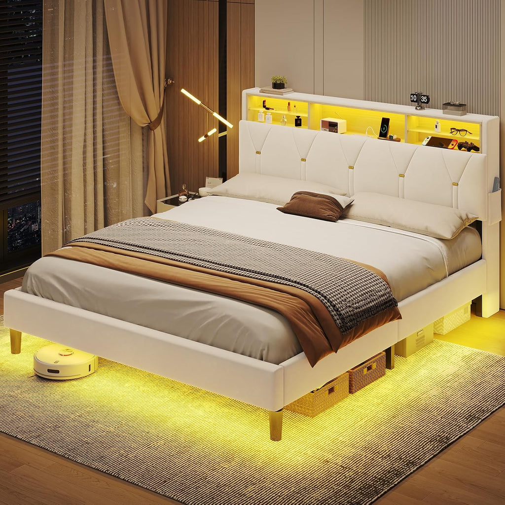 BTHFST Queen Bed Frame with Headboard Storage & LED Lights, Platform Bed Frame Queen Size with Charging Station, Velvet Upholstered Bed with Shelf Headboard, No Box Spring Needed, Creamy White
