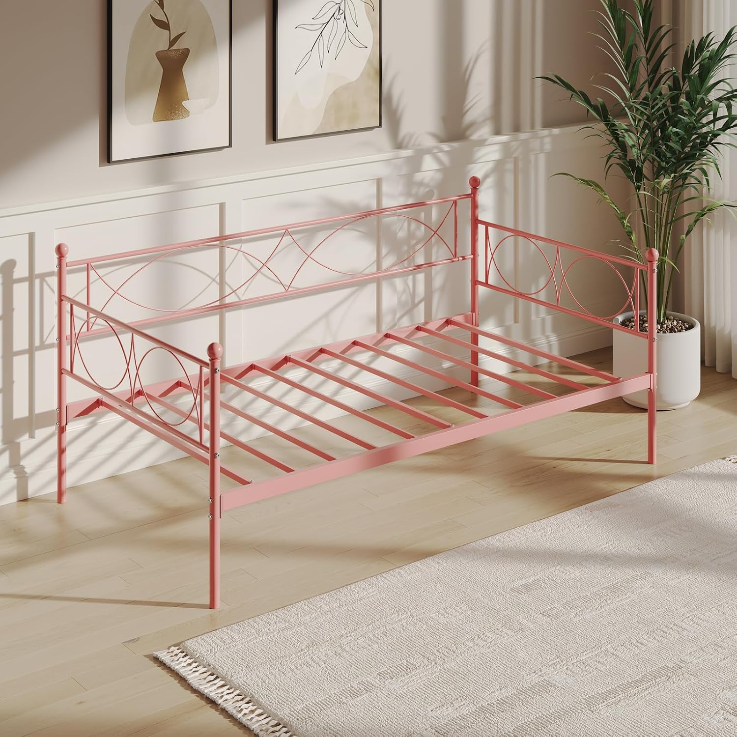 IDEALHOUSE Twin daybed with Trundle, Metal Twin Daybed and Trundle Set, Day Bed Sofa Bed Frame with Steel Slat Support, Multifunctional Daybed Frame for Bedroom (Pink Daybed)
