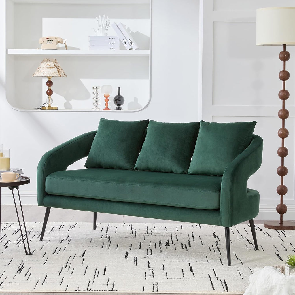 53.7' Modern Velvet Loveseat Sofa with 3 Pillow,Small Comfortable 2 Seat Sofa with Metal Legs, Small Couch for Living Room,Bedroom,Office,Reception,Green