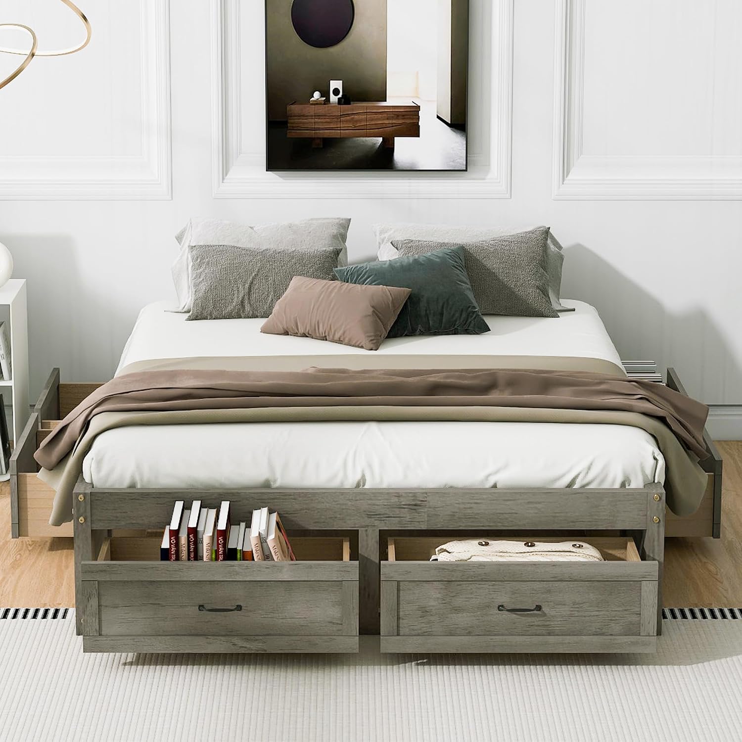 SOFTSEA Queen Size Bed Frame with 6 Storage Drawers, Wood Platform Bed Frame No Headboard with Support Slats, Farmhosue Platform Bed with Drawers, No Box Spring Needed, Easy Assembly, Antique Gray