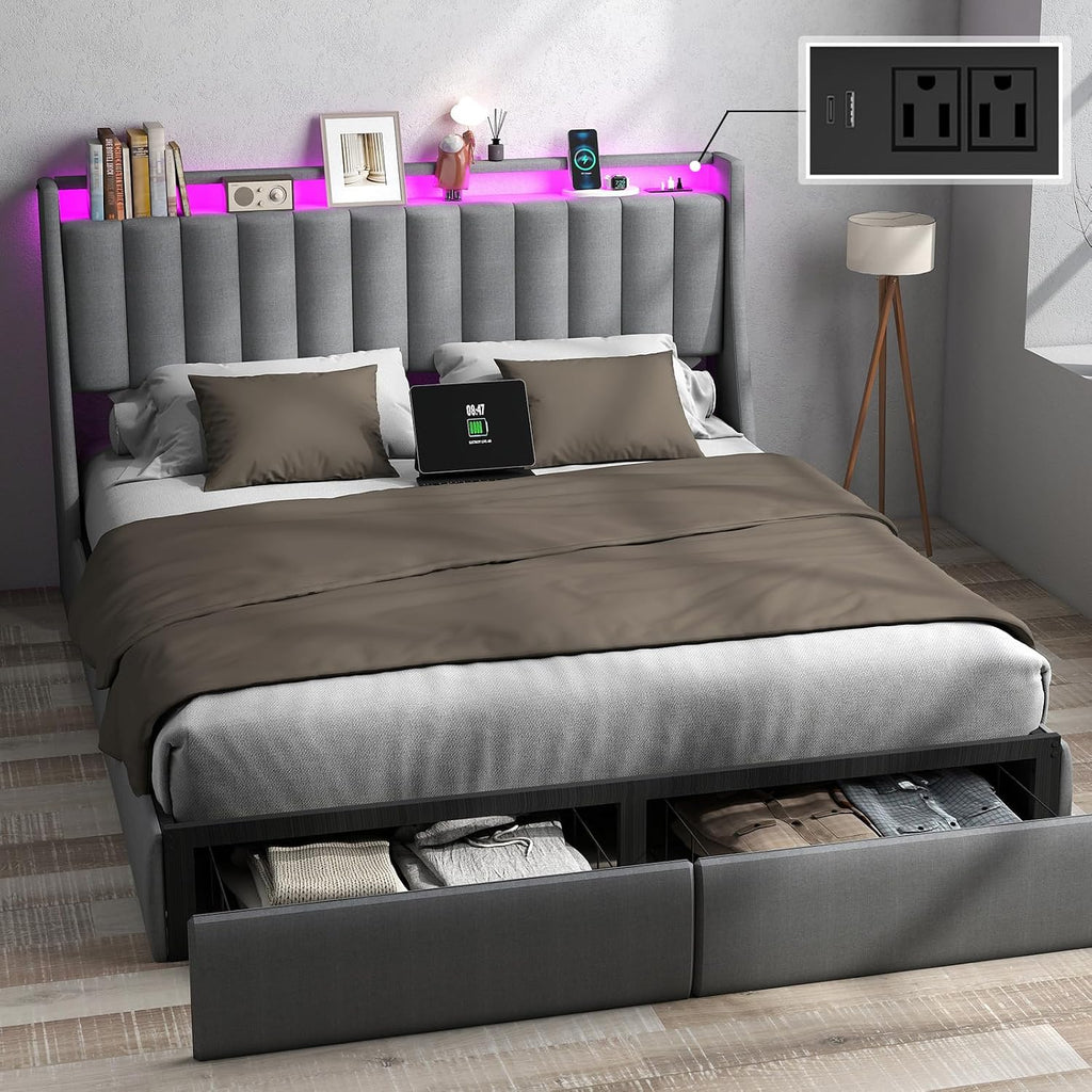 Queen Bed Frame with Headboard and 2 Storage Drawers, Platform Bed Frame Queen Size Upholstered with LED Lights and Charging Station, Steel Slat Support, No Box Spring Needed, Easy Assembly, Gray