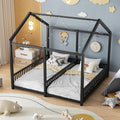 PVWIIK Double Montessori Floor Bed with Fence & Roof,Easy Assemble Bed Frame for Two Kids Teens Boys Girls,Twin Floor Bed, Black