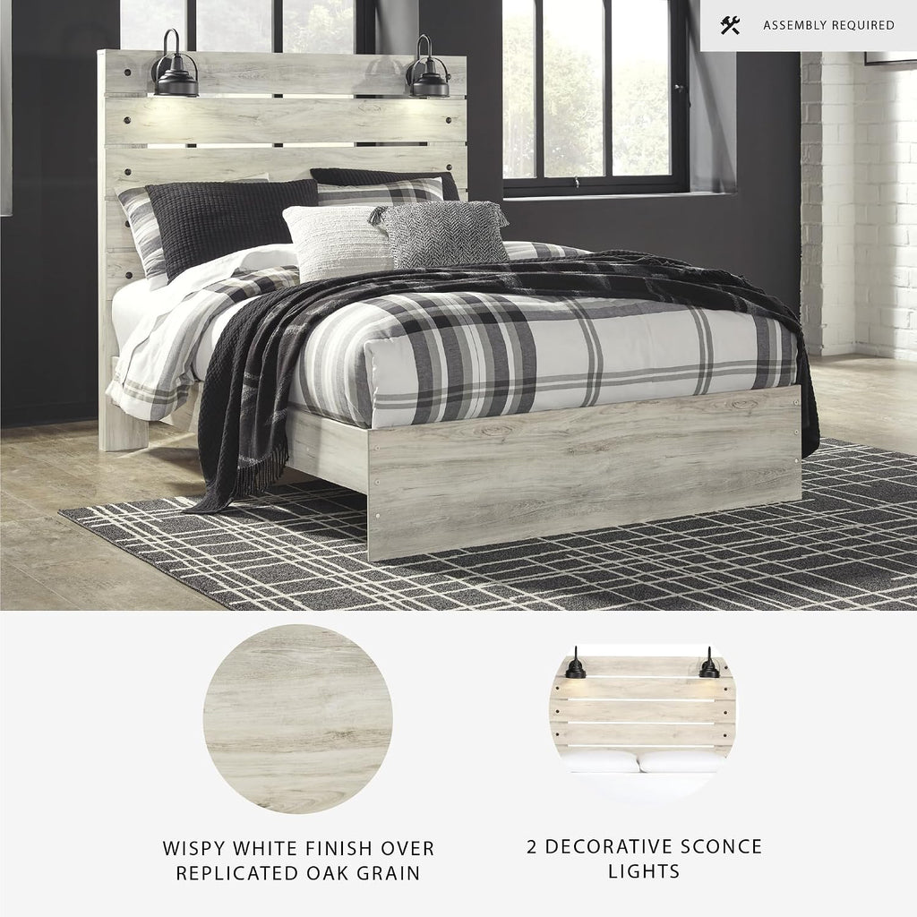 Signature Design by Ashley Cambeck Farmhouse Queen Panel Bed with LED Sconce Lights and USB Charging Ports, Open Slat Styling, Foundation or Box Spring Needed, Wood, Whitewash Finish