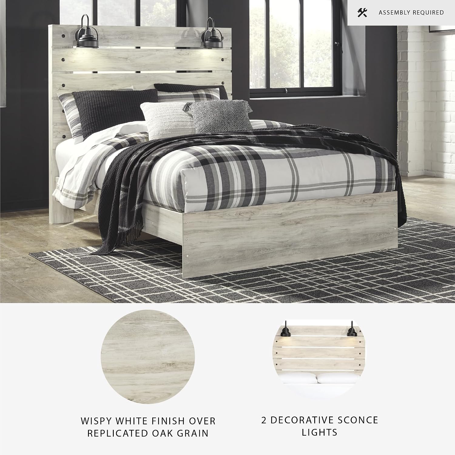 Signature Design by Ashley Cambeck Farmhouse Queen Panel Bed with LED Sconce Lights and USB Charging Ports, Open Slat Styling, Foundation or Box Spring Needed, Wood, Whitewash Finish