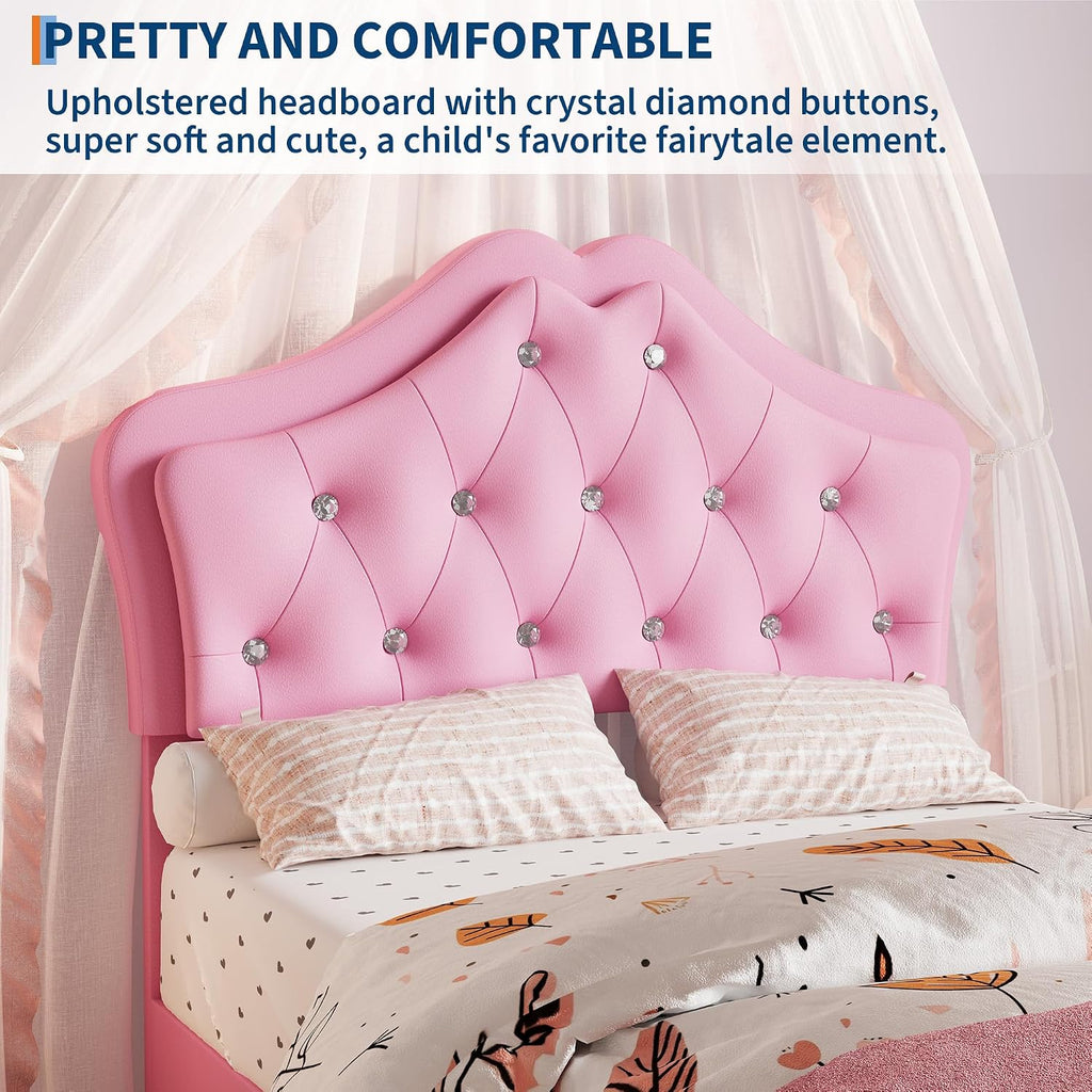 Garvee Twin Size Bed Frame with LED Lights & Velvet Crystal Button Headboard, Upholstered Princess/Girl Platform Bed with Storage Drawer, Noise Free, No Box Spring Needed for Kids, Teens, Pink
