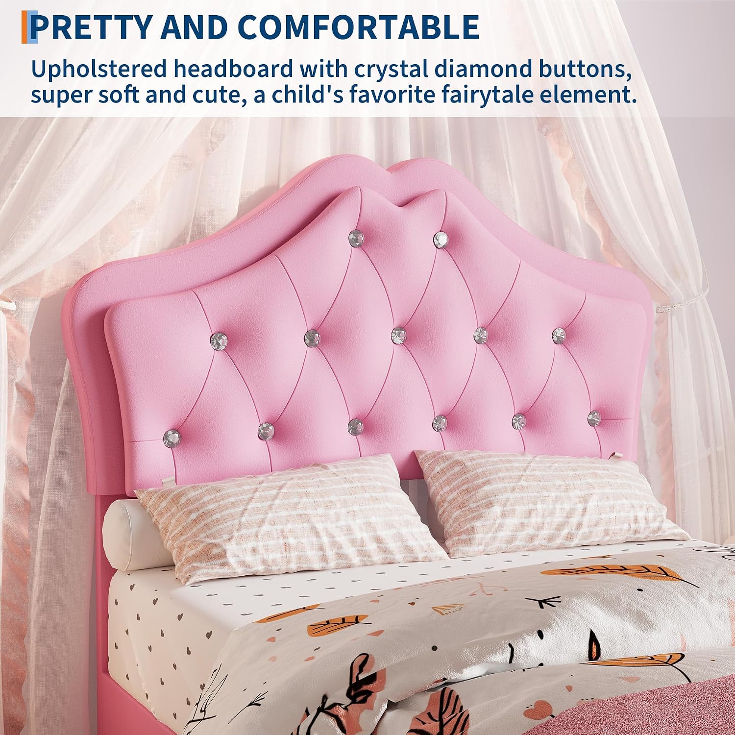 Garvee Twin Size Bed Frame with LED Lights & Velvet Crystal Button Headboard, Upholstered Princess/Girl Platform Bed with Storage Drawer, Noise Free, No Box Spring Needed for Kids, Teens, Pink