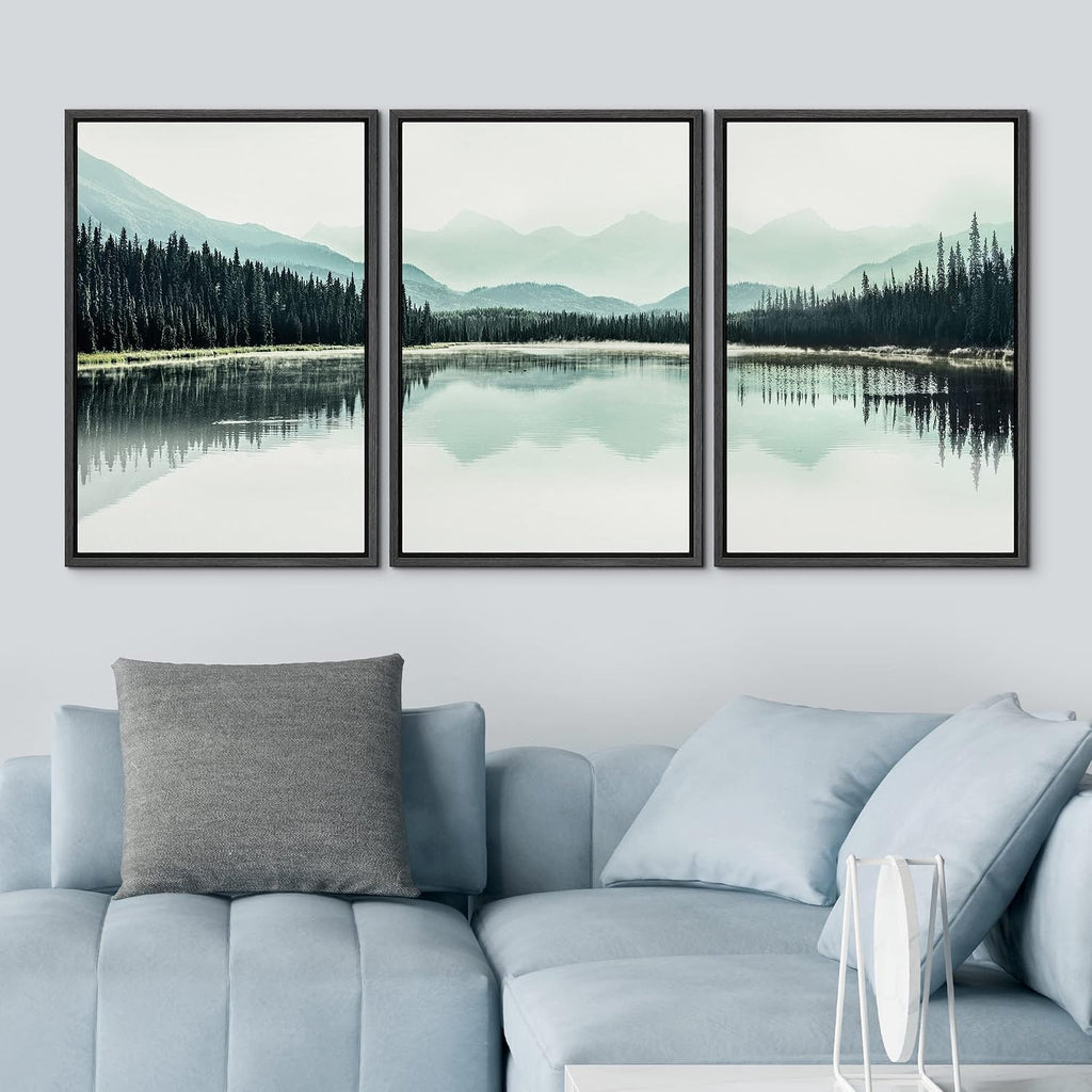 NWT Framed Canvas Print Wall Art Set Teal Mountain Range Lake Forest Landscape Nature Wilderness Modern Art Rustic Scenic Relax/Calm for Living Room, Bedroom, Office - 16'x24'x3 Black