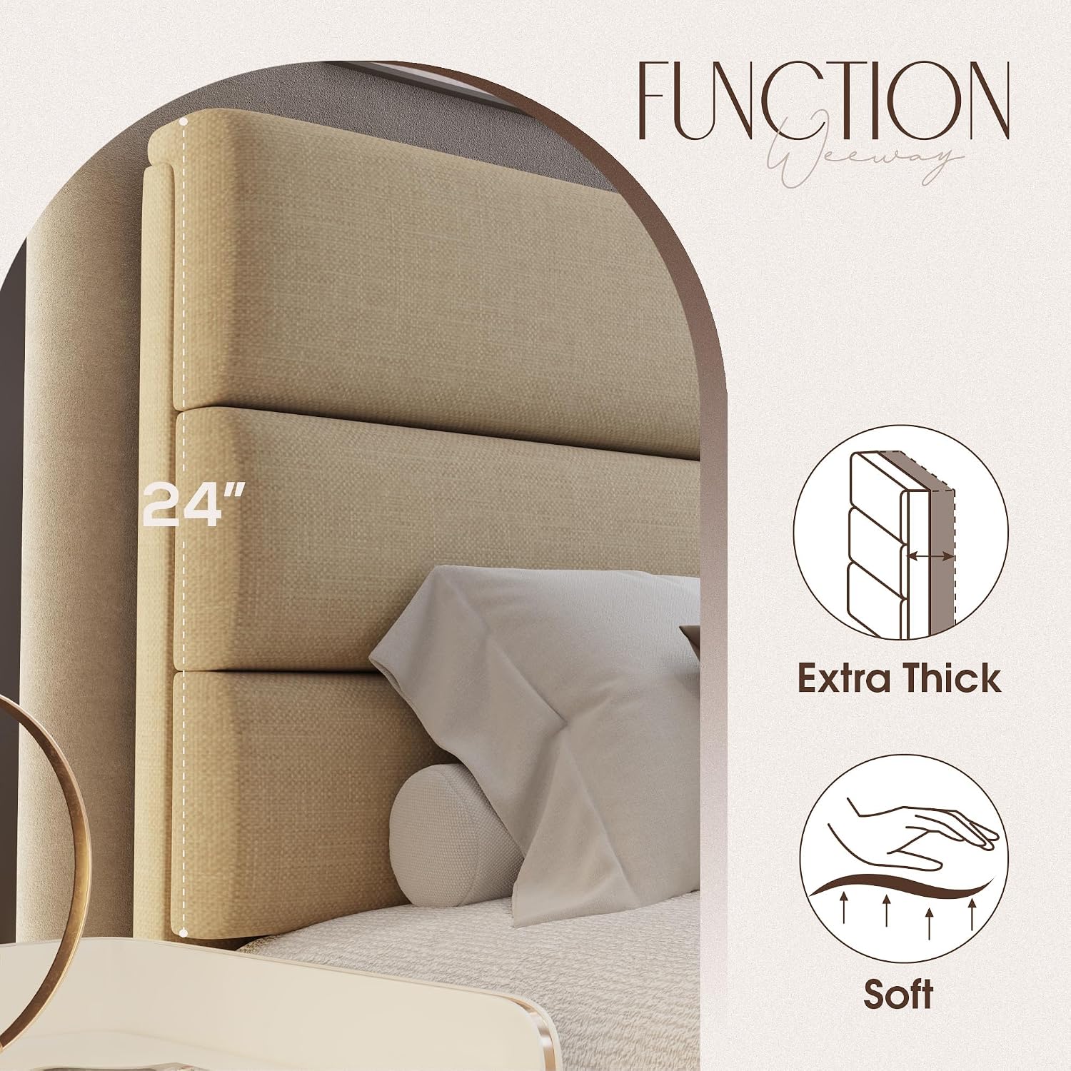 WEEWAY Full Size Bed Frame Platform Bed with Linen Fabric Upholstered Headboard and Wooden Slats Support, Heavy Duty Mattress Foundation, No Box Spring Needed, Easy Assembly, Beige