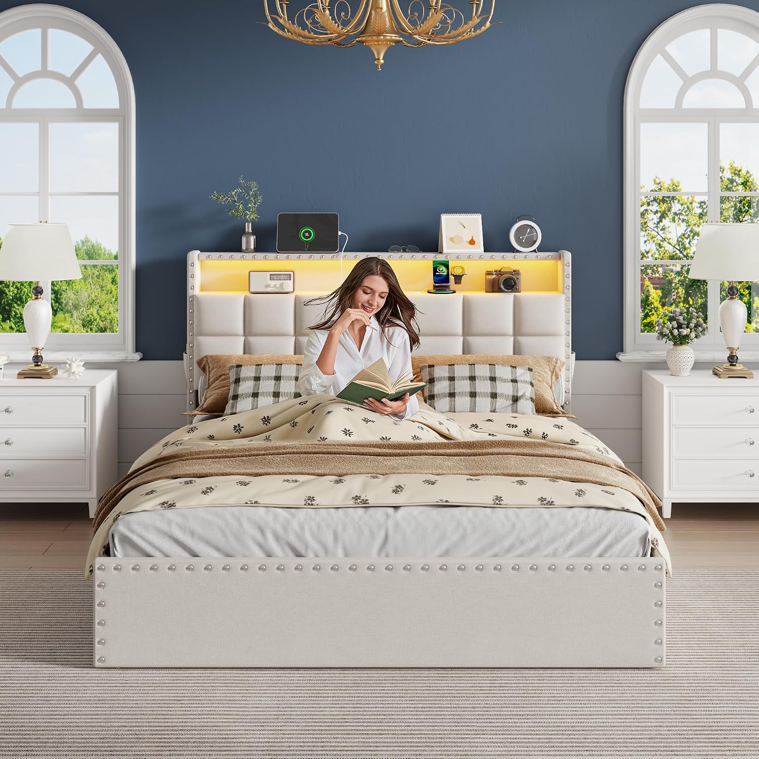 OURPIC Full Size Bed Frame with 4 Storage Drawers & Headboard, Upholstered Platform Bed Frame Full Size with Charging Station & LED Lights, No Box Spring Needed, Metal Slats Support, Noise Free, Beige