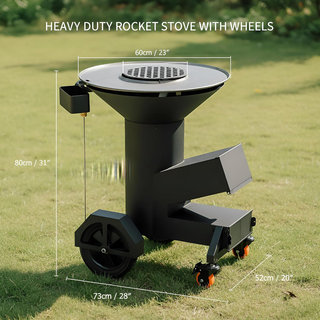 ONLYFIRE GRILLS Heavy Duty Rocket Stove with Griddle, Grate, Wheels, Ash Tool & Cover, Large Wood Stove BBQ Grill for Patio Outdoor Cooking Backyard Camping Beach Tailgating, 28x23x31in, GS346