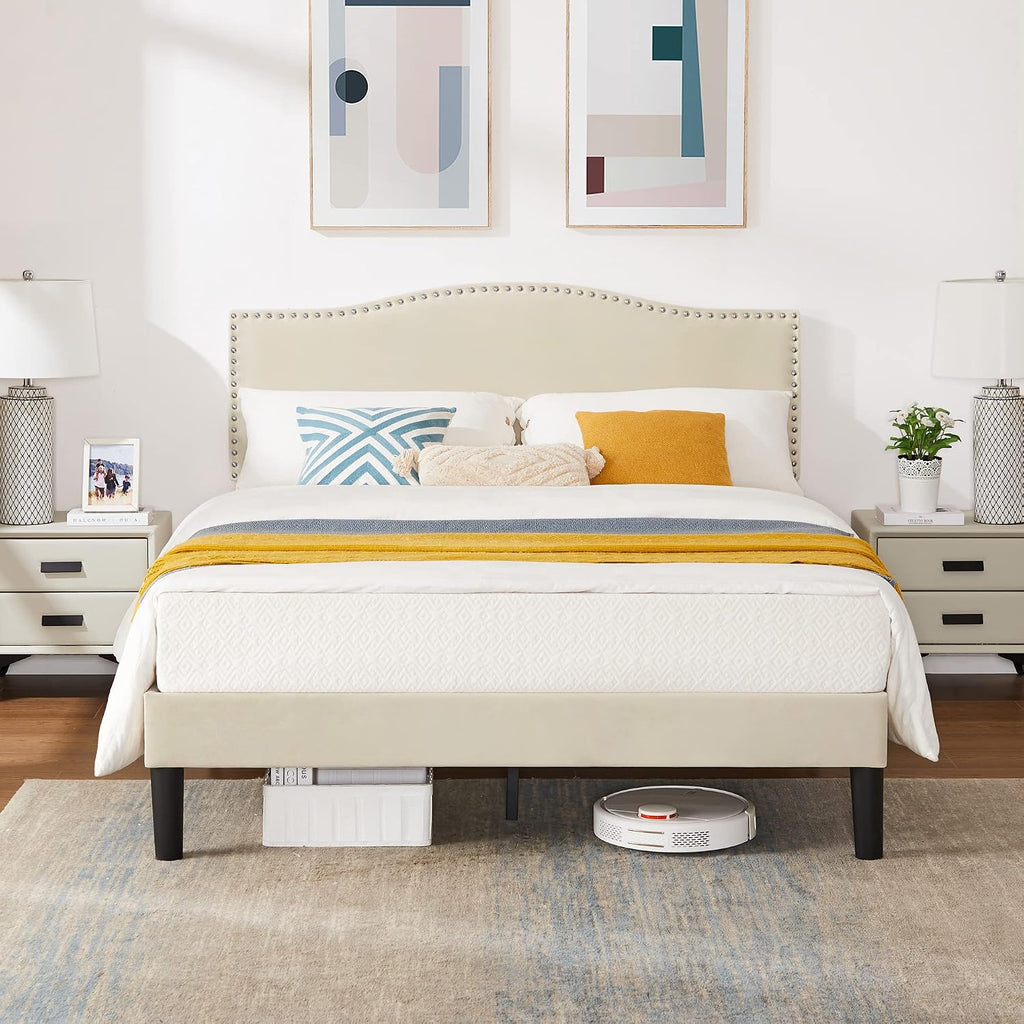 VECELO Full Bed Frame, Platform Bed Frame with Adjustable Height Upholstered Headboard, Heavy-Duty Frame and Strong Wooden Slats Support, Non-Slip and Noise-Free, Easy Assembly, Beige