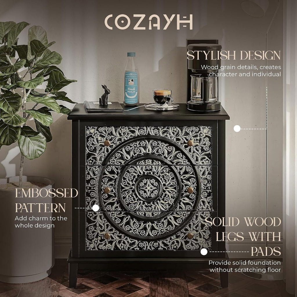 COZAYH 3-Drawer Fully-Assembled Flower Motif Dresser for French Country, Modern, Rustic Style, Distressed Finish, Gold & Black