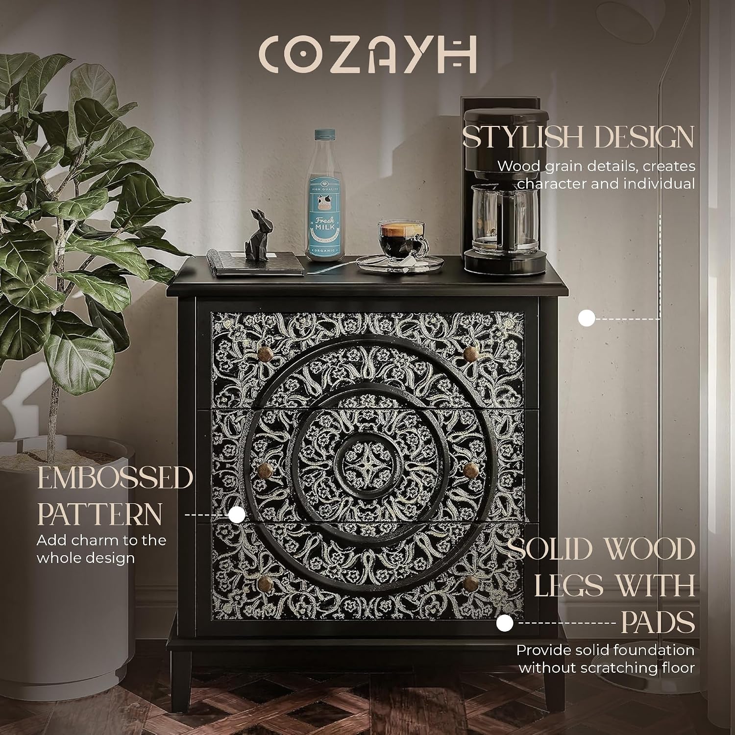 COZAYH 3-Drawer Fully-Assembled Flower Motif Dresser for French Country, Modern, Rustic Style, Distressed Finish, Gold & Black