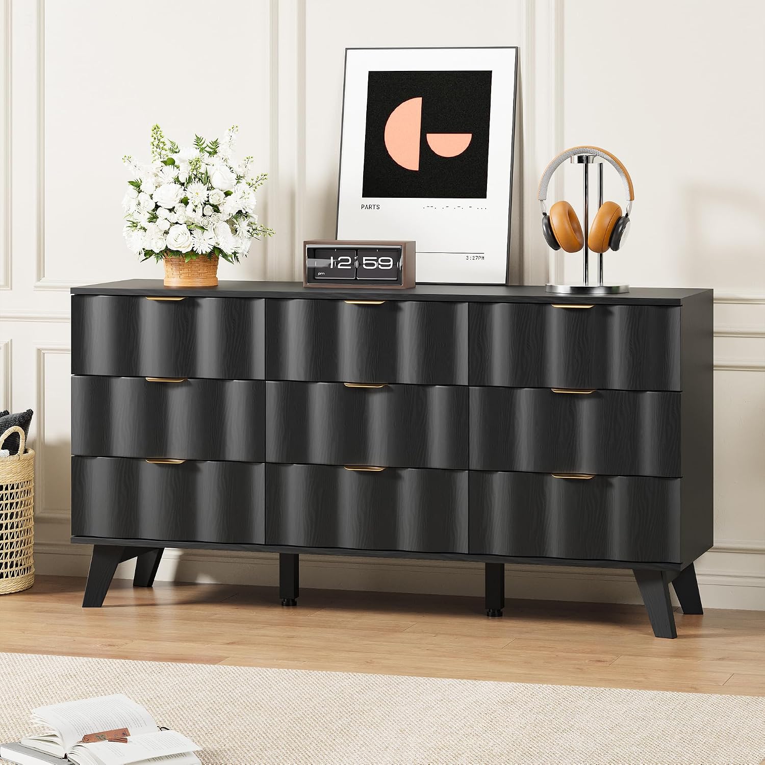 9 Drawer Dresser, Modern Fluted Storage Dresser with Deep Drawers and Metal Handles, Wood Chest of Drawers Storage Organizer for Bedroom, Living Room, Hallway (Black)