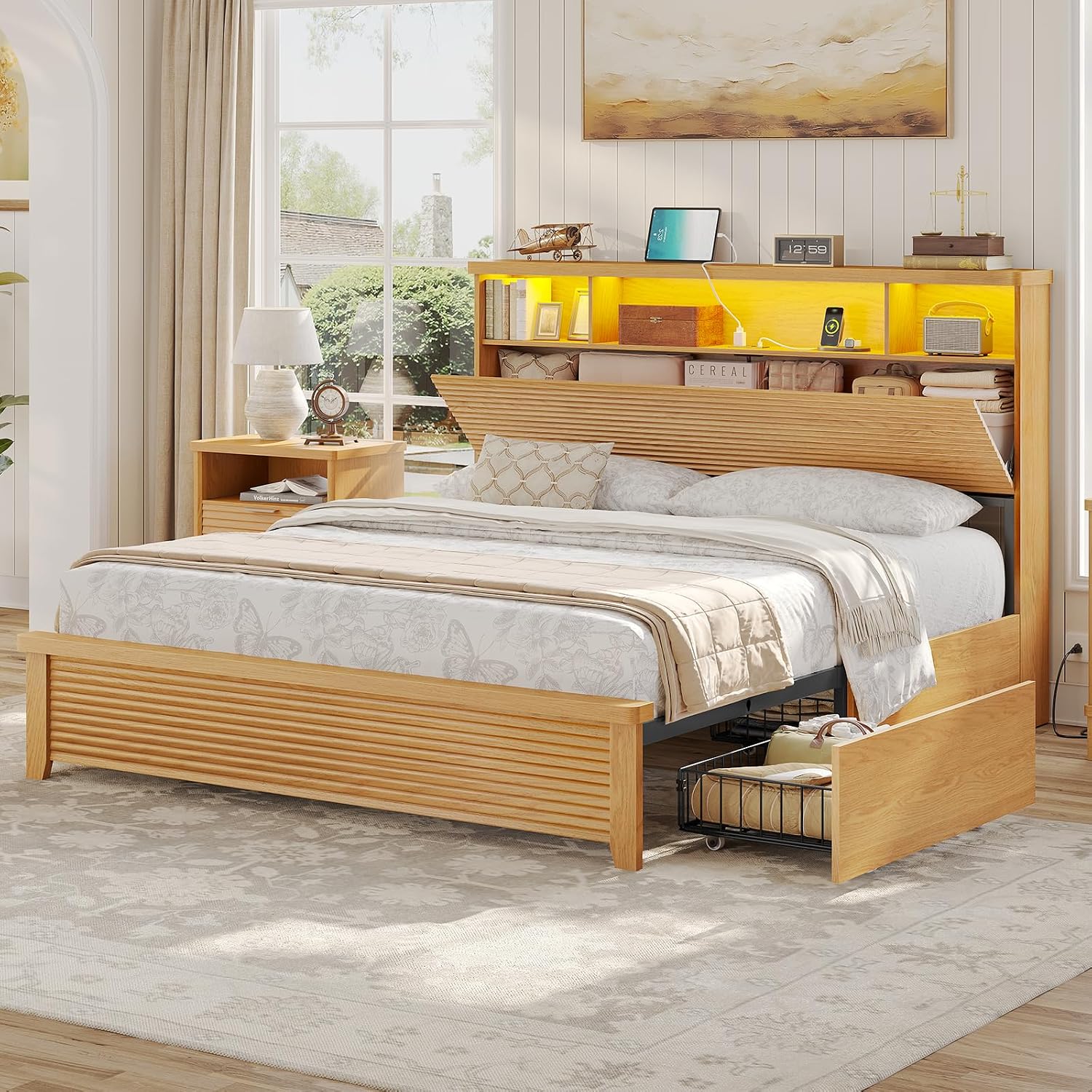 VIAGDO Wood Bed Frame Queen Size with 4 Storage Drawers & Bookcase Headboard, Led Wooden Queen Bed Frame with Charging Station,No Box Spring Needed,Wood
