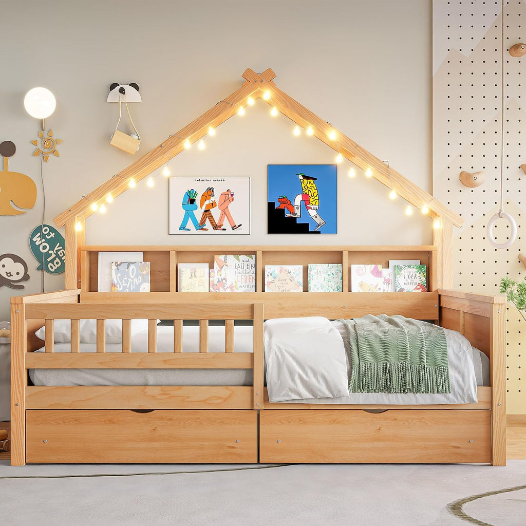 Bellemave Full House Platform Bed with Drawers Wood House Bed with Storage Shelves and LED Lights House Platform Bed Frame for Kids, Teens, Adults, No Spring Box Needed (Natural)