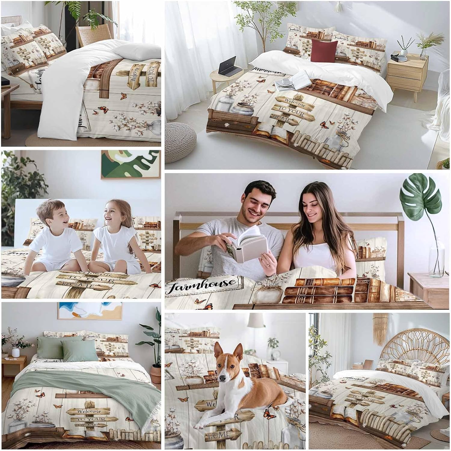 Prime Leader Vintage Duvet Cover Set Queen Size 4 Pieces Welcome to Your Home Farmhouse Cotton Bottle Bedding Set with Zipper Closure, 1 Comforter Cover 92x106 Inches 1 Flat Sheet & 2 Pillow Cases