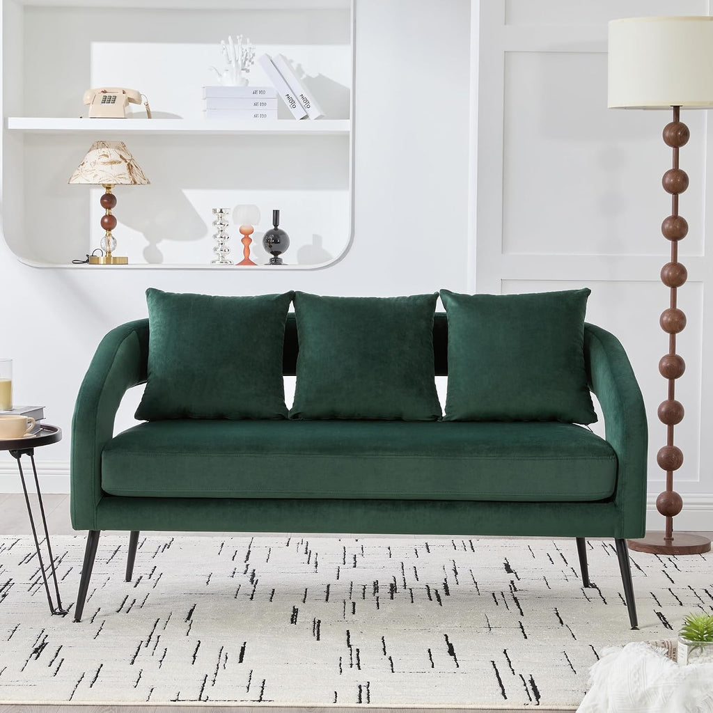 53.7' Modern Velvet Loveseat Sofa with 3 Pillow,Small Comfortable 2 Seat Sofa with Metal Legs, Small Couch for Living Room,Bedroom,Office,Reception,Green