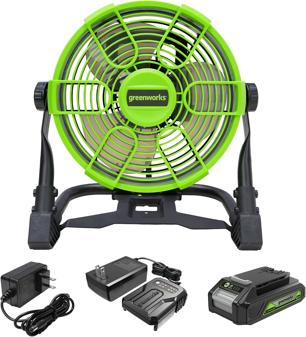 Greenworks 24V 10' Cordless Fan, Hybrid (AC/DC) Air Cannon Fan, 5-Speed, 500 CFM, with 2.0Ah Battery, Charger and AC Adapter