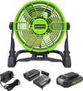 Greenworks 24V 10' Cordless Fan, Hybrid (AC/DC) Air Cannon Fan, 5-Speed, 500 CFM, with 2.0Ah Battery, Charger and AC Adapter