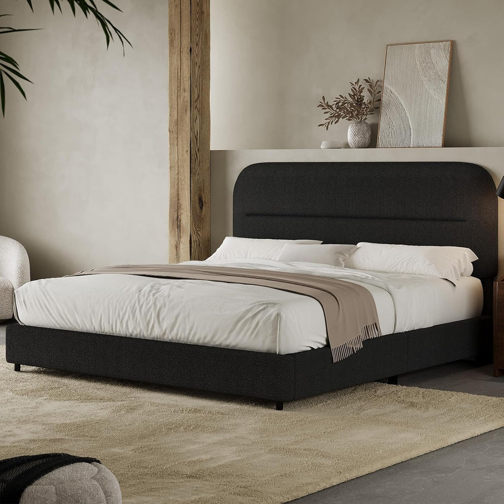 HOMBCK Bed Frame Full Size with Headboard, Boucle Upholstered Full Bed Frame, Soft Bed Frames with Thickened Footboard, Soft Rounded Corners, No Box Spring Needed, Easy Assembly, Black