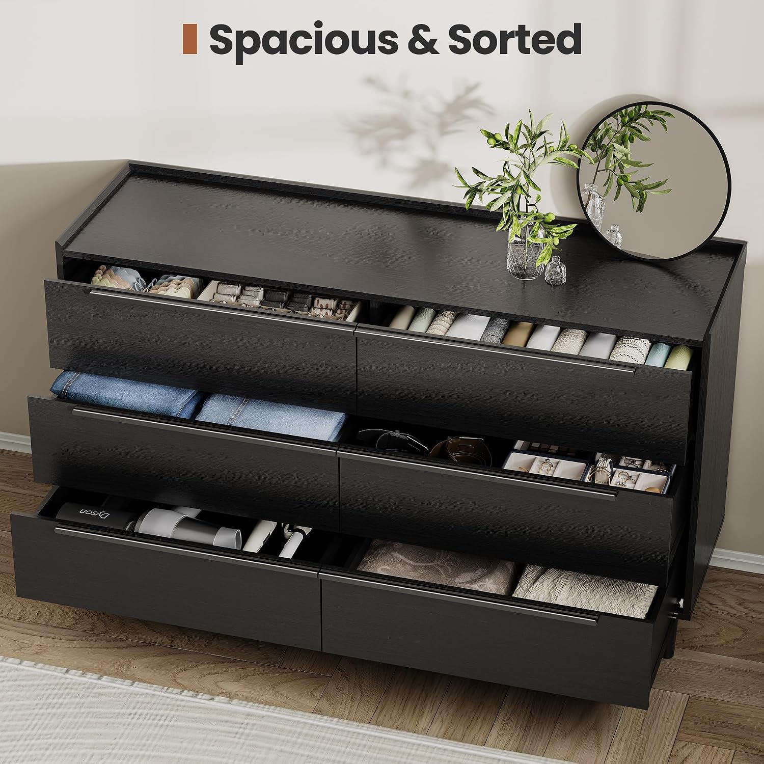 54' Wide Black 6 Drawer Dresser for Bedroom, Modern Wood Double Dresser with Raised-Edge Gallery Top, Metal Handles, Tapered Legs, Wide Chest of Drawers, Black Oak
