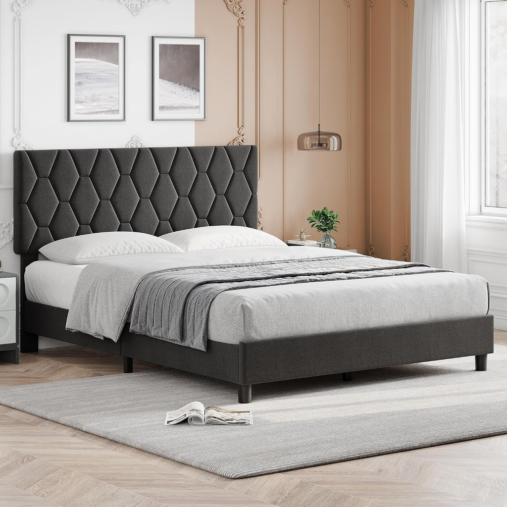GarveeHome Queen Bed Frame with Upholstered Headboard, Heavy-Duty Platform Bed Frame with Strong Wood Slats, No Box Spring Needed/Noise Free/Easy Assembly, Gray