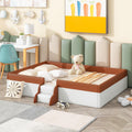 VilroCaz Full Size Upholstered Daybed Frame with Fence and Stairs, Montessori Kids Floor Bed with Sturdy Slat Support for Kids Boys Girls (Brown+Full)