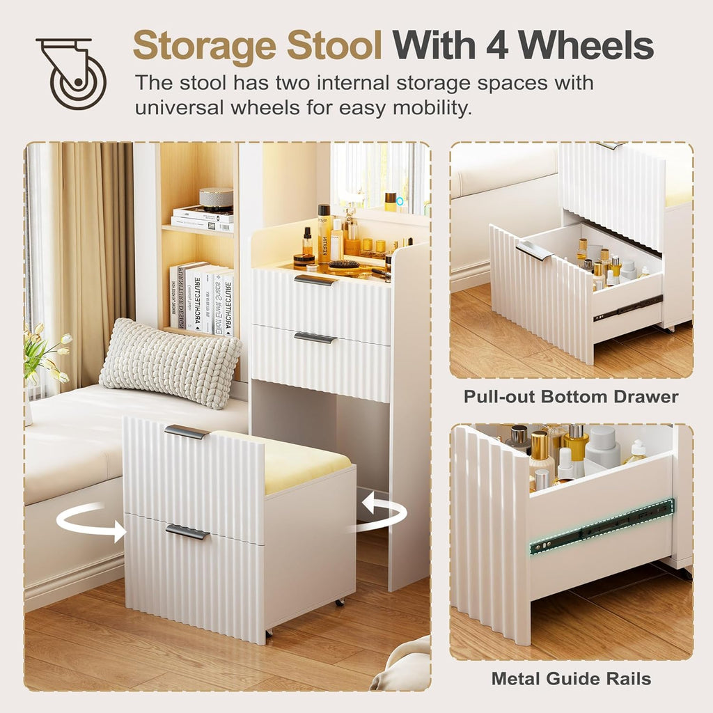 Lvifur 3 in 1 Small Vanity Desk with Plip Top Mirror,Makeup Vanity Set with Visible Glass Desktop,Compact Vanity with 3 Drawers,Storage Compartment and Padded Stool,Dressing Table for Bedroom,White