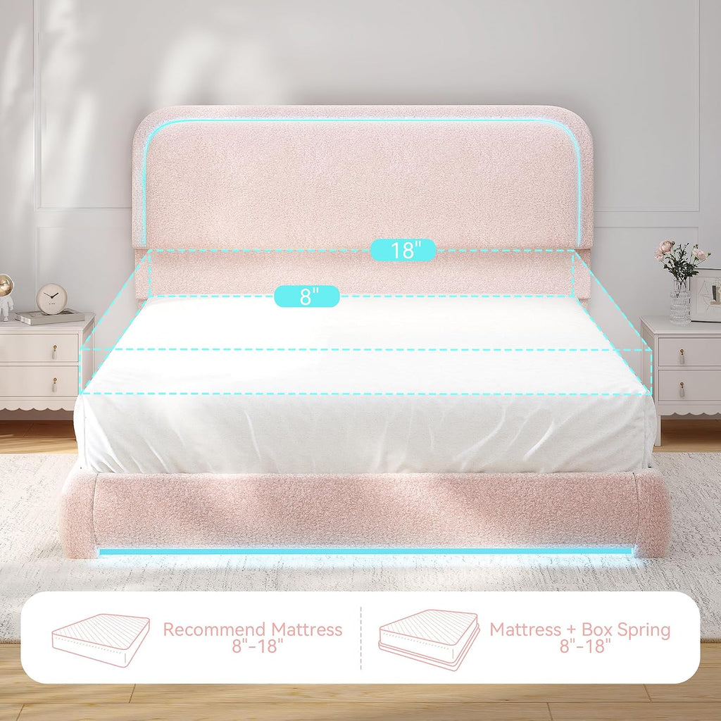 Torana Queen LED Bed Frame with Headboard and Footboard, Curved Shaped Cloud Marshmallow Upholstered Beds, Teddy Fleece Bedframe with Soft Rounded Corners and Strong Slats Support, Pink