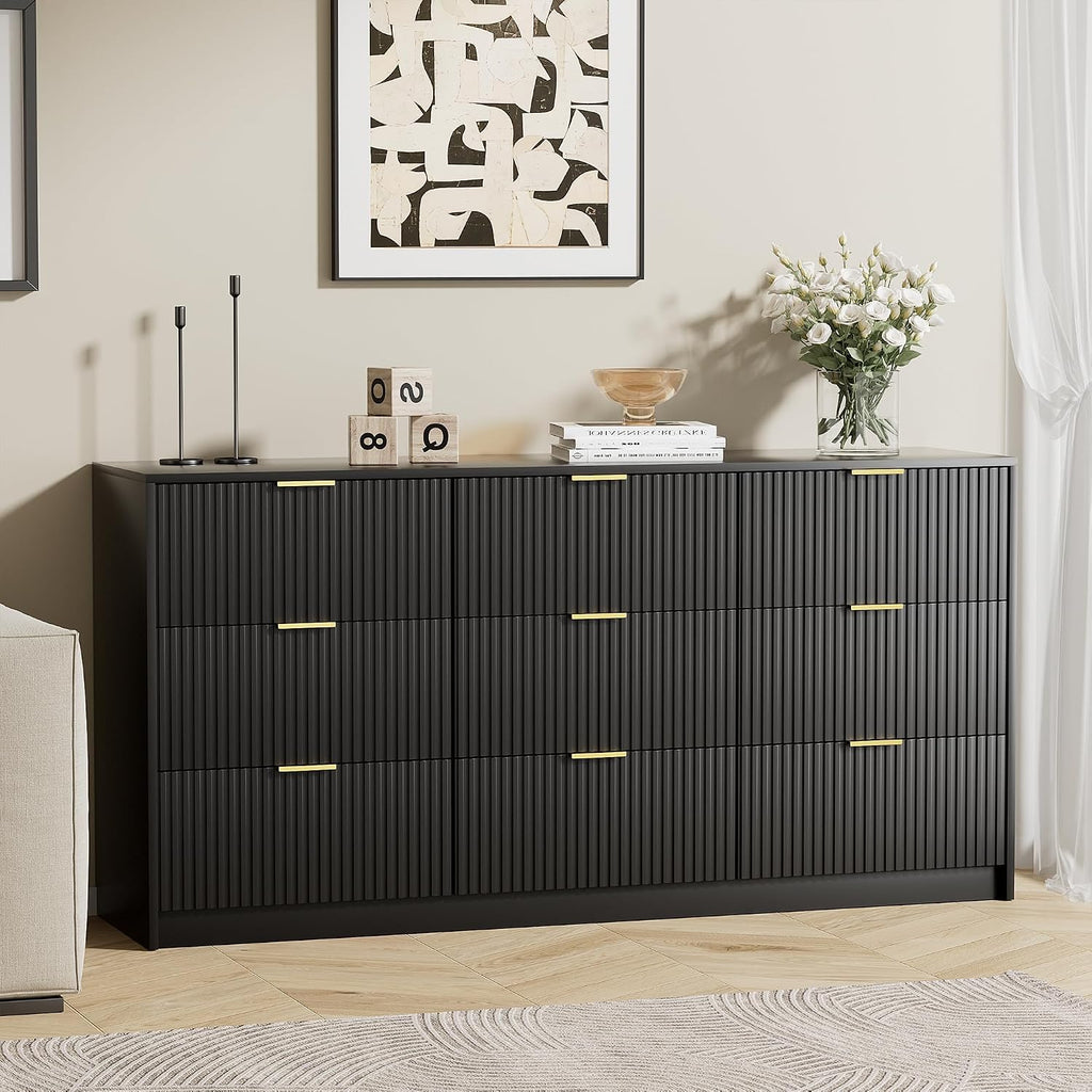 Furniway Black Dresser for Bedroom, Modern Dresser with 9 Drawers and Smooth Slides, Wide Chest of Drawers with Golden Handles for Bedroom, Living Room, Closet, 15.7' D x 63' W x 31.5' H
