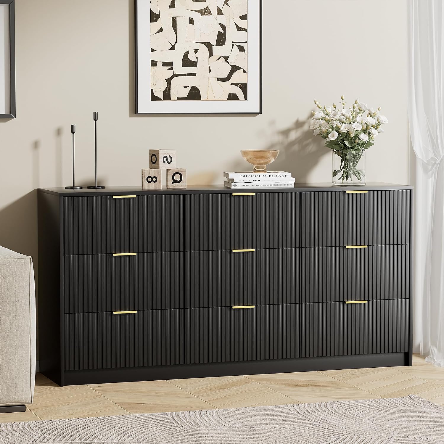 Furniway Black Dresser for Bedroom, Modern Dresser with 9 Drawers and Smooth Slides, Wide Chest of Drawers with Golden Handles for Bedroom, Living Room, Closet, 15.7' D x 63' W x 31.5' H