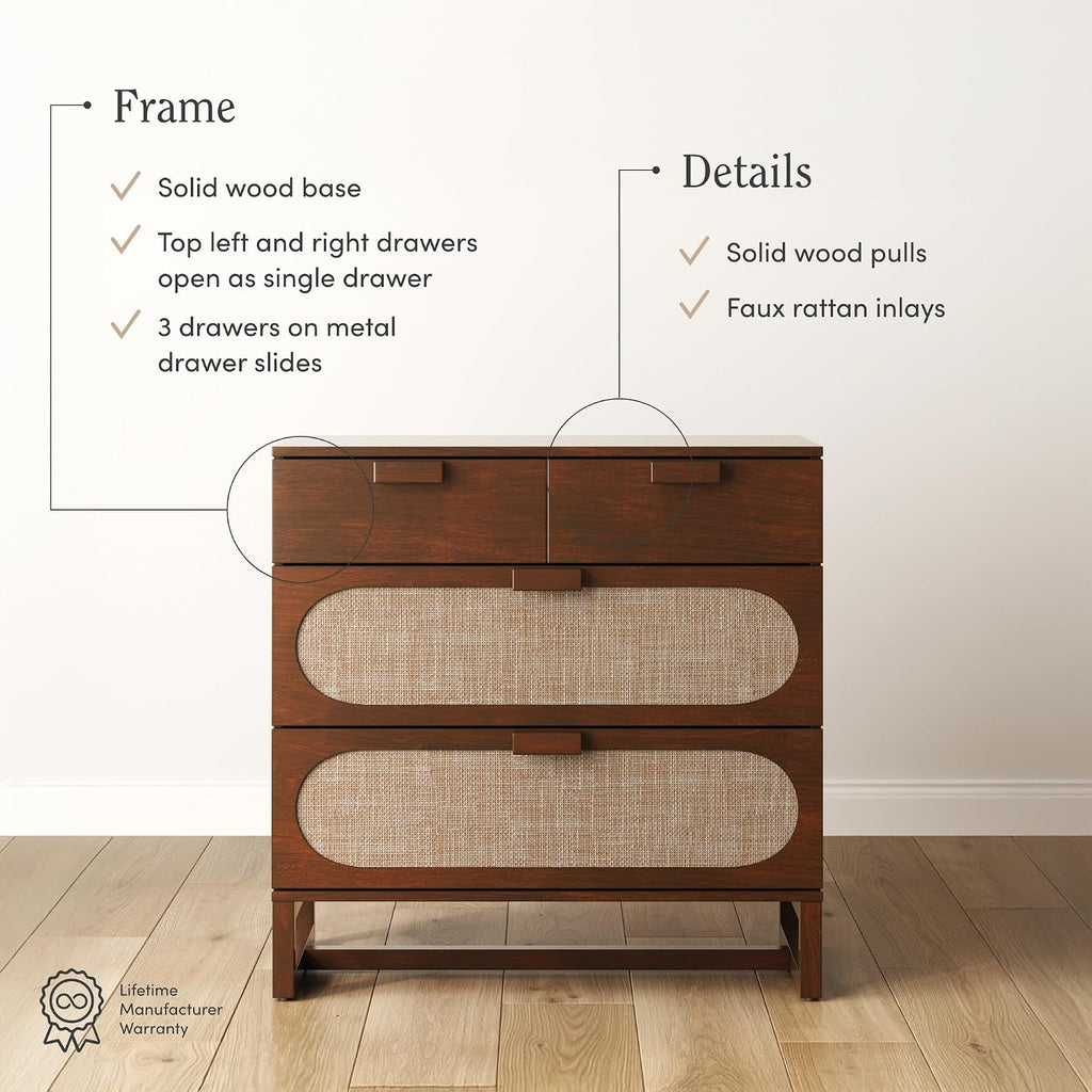 Nathan James Paxton Mid-Century Modern Dresser for Bedroom, 3-Drawer Dresser with Solid Wood Frame and Textilene Rattan Accent, Dark Walnut, Set of 2