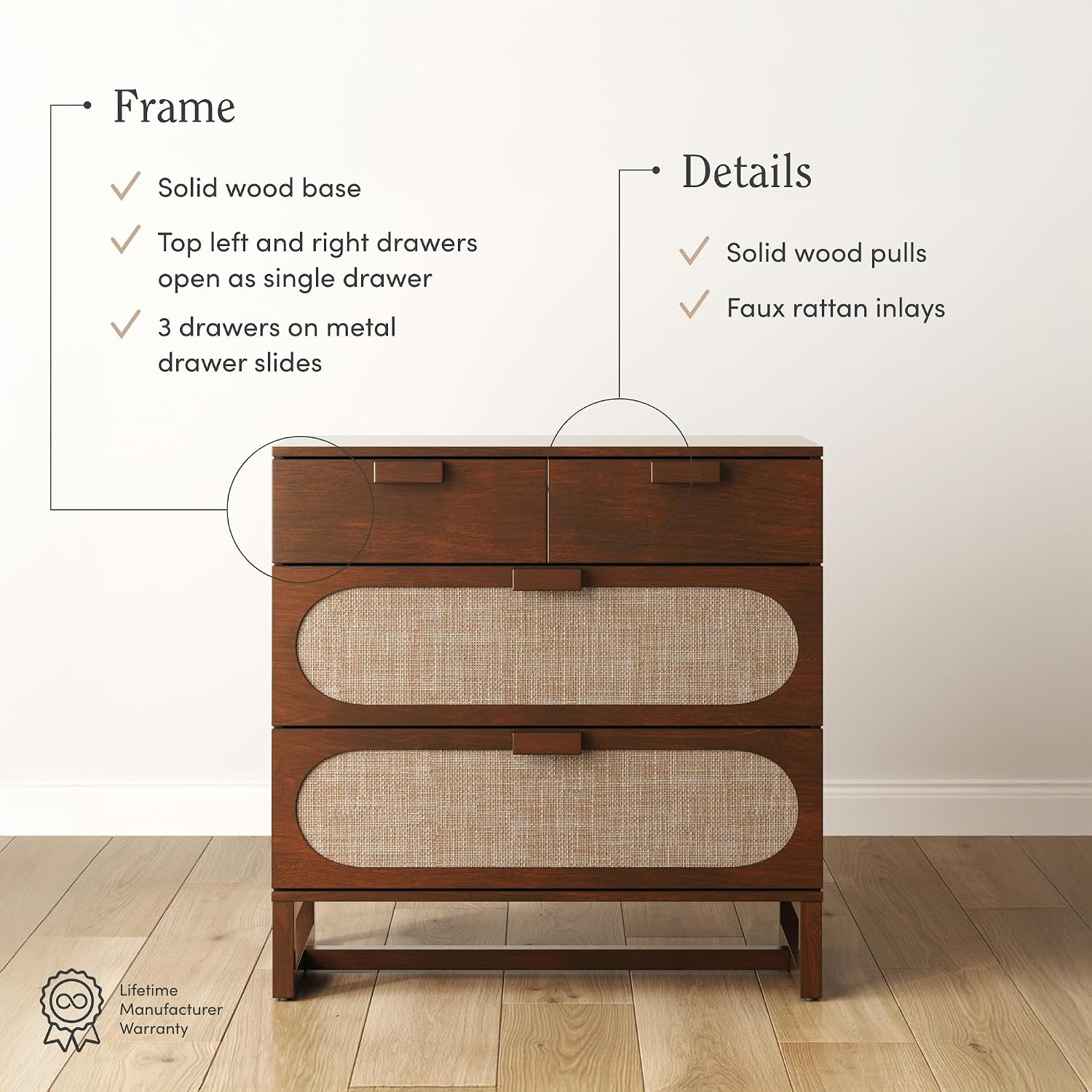 Nathan James Paxton Mid-Century Modern Dresser for Bedroom, 3-Drawer Dresser with Solid Wood Frame and Textilene Rattan Accent, Dark Walnut, Set of 2