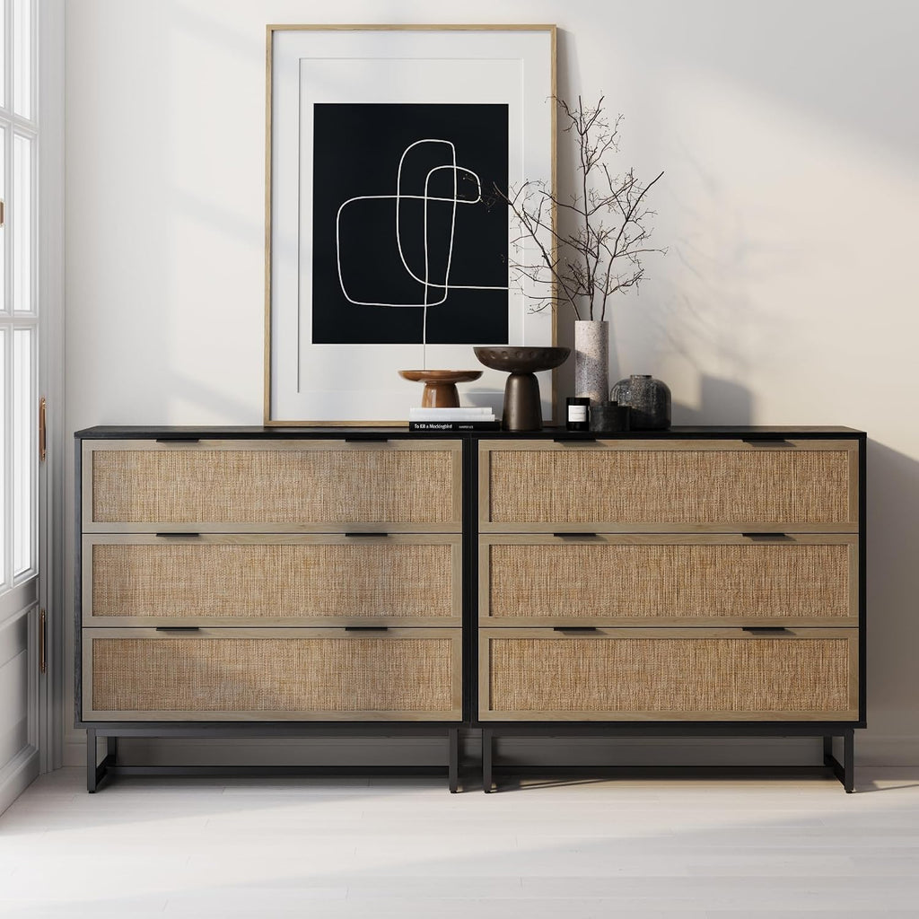 Nathan James Kova Boho Dresser or Storage Cabinet with Drawers for Bedroom or Nursery with Textilene Rattan Accent and Metal Legs, Black Oak, Set of 2
