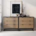 Nathan James Kova Boho Dresser or Storage Cabinet with Drawers for Bedroom or Nursery with Textilene Rattan Accent and Metal Legs, Black Oak, Set of 2