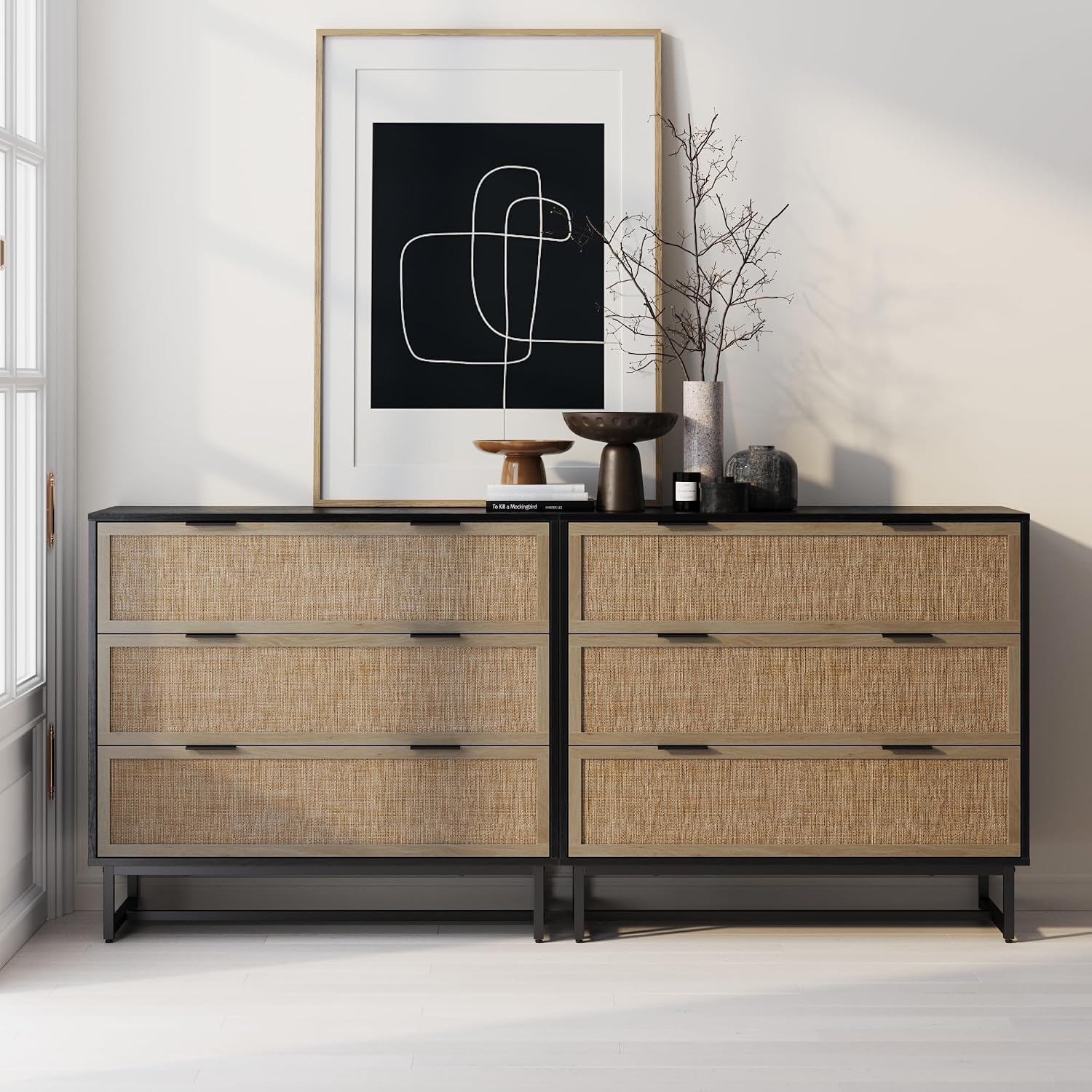 Nathan James Kova Boho Dresser or Storage Cabinet with Drawers for Bedroom or Nursery with Textilene Rattan Accent and Metal Legs, Black Oak, Set of 2