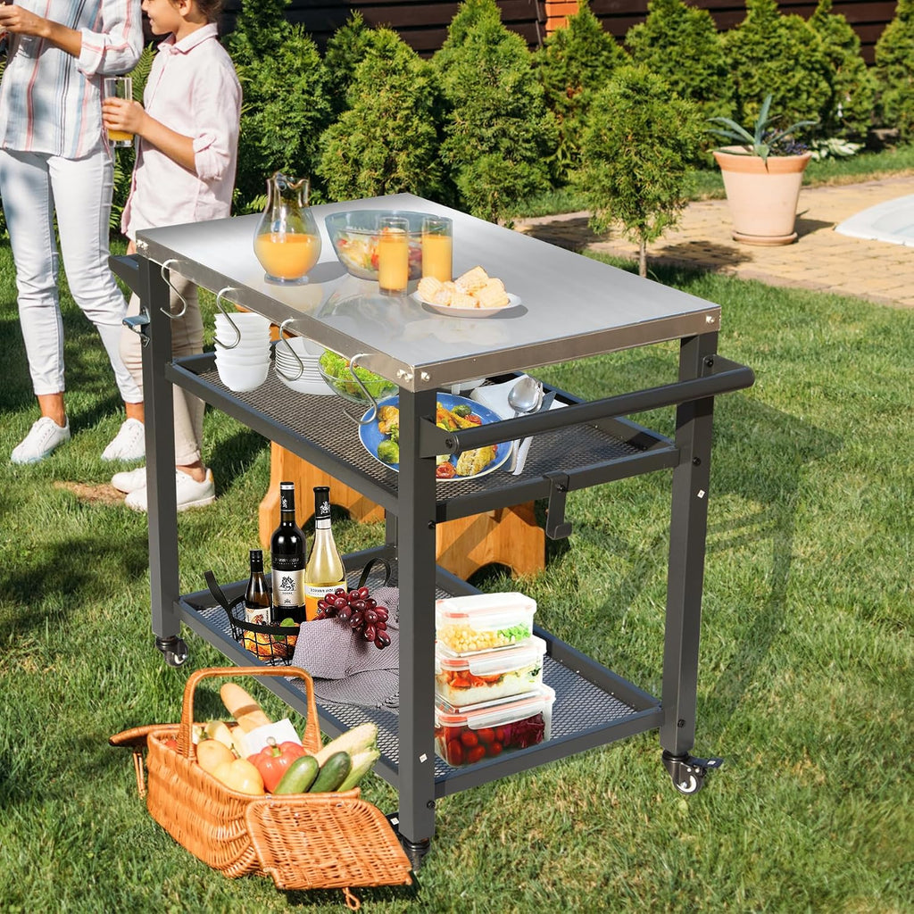 Domi 3-Shelf Outdoor Grill Table, Grill Cart with Wheels, Outdoor Pizza Oven and Food Prep Table, Blackstone with Stainless Steel Tabletop, BBQ Stand for Blackstone Griddle for Outside BBQ