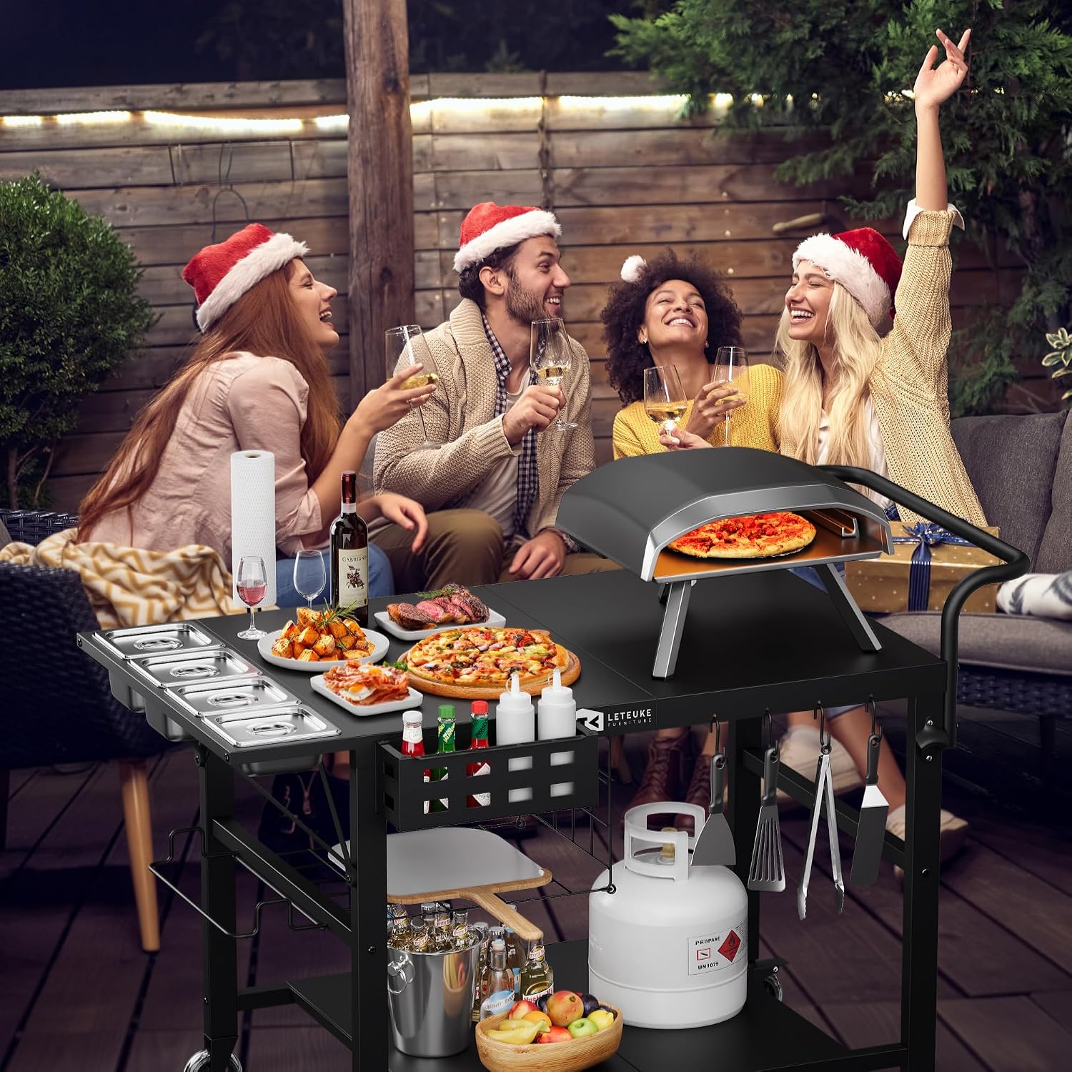 Leteuke Pizza Oven Table, Grill Cart Table for Blackstone Griddle, Outdoor Pizza Oven Stand Fits Ninja, Cuisinart, Gozney, Solo Stove, BBQ Prep Tables Station with Seasoning Tray, 47'x27.5'x30'